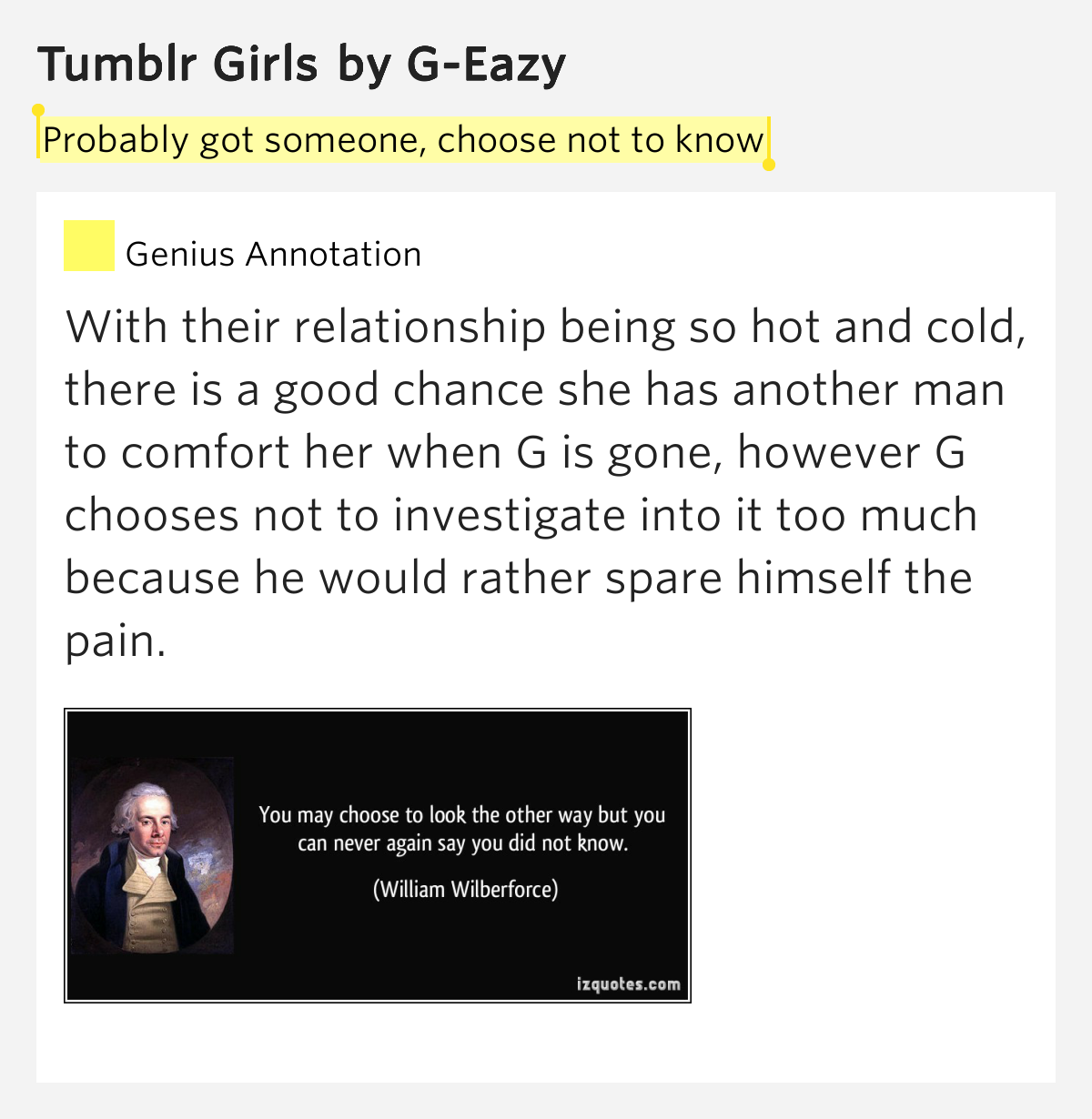 Probably got someone, choose not to know Tumblr Girls Lyrics Meaning