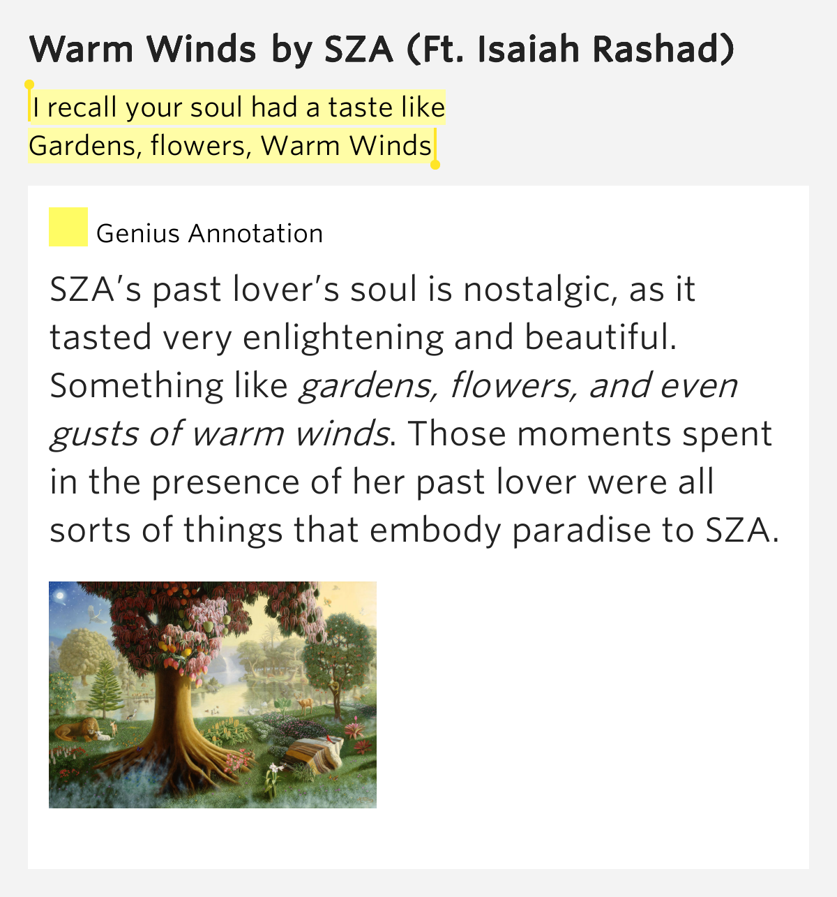 I recall your soul had a taste like / Gardens, flowers, Warm Winds