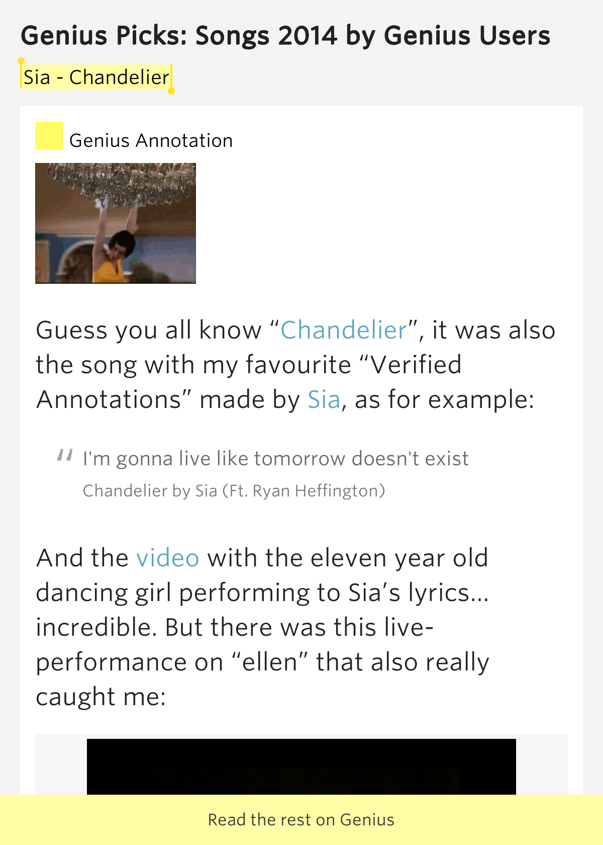 Sia Chandelier Genius Picks Songs 2014 Lyrics Meaning