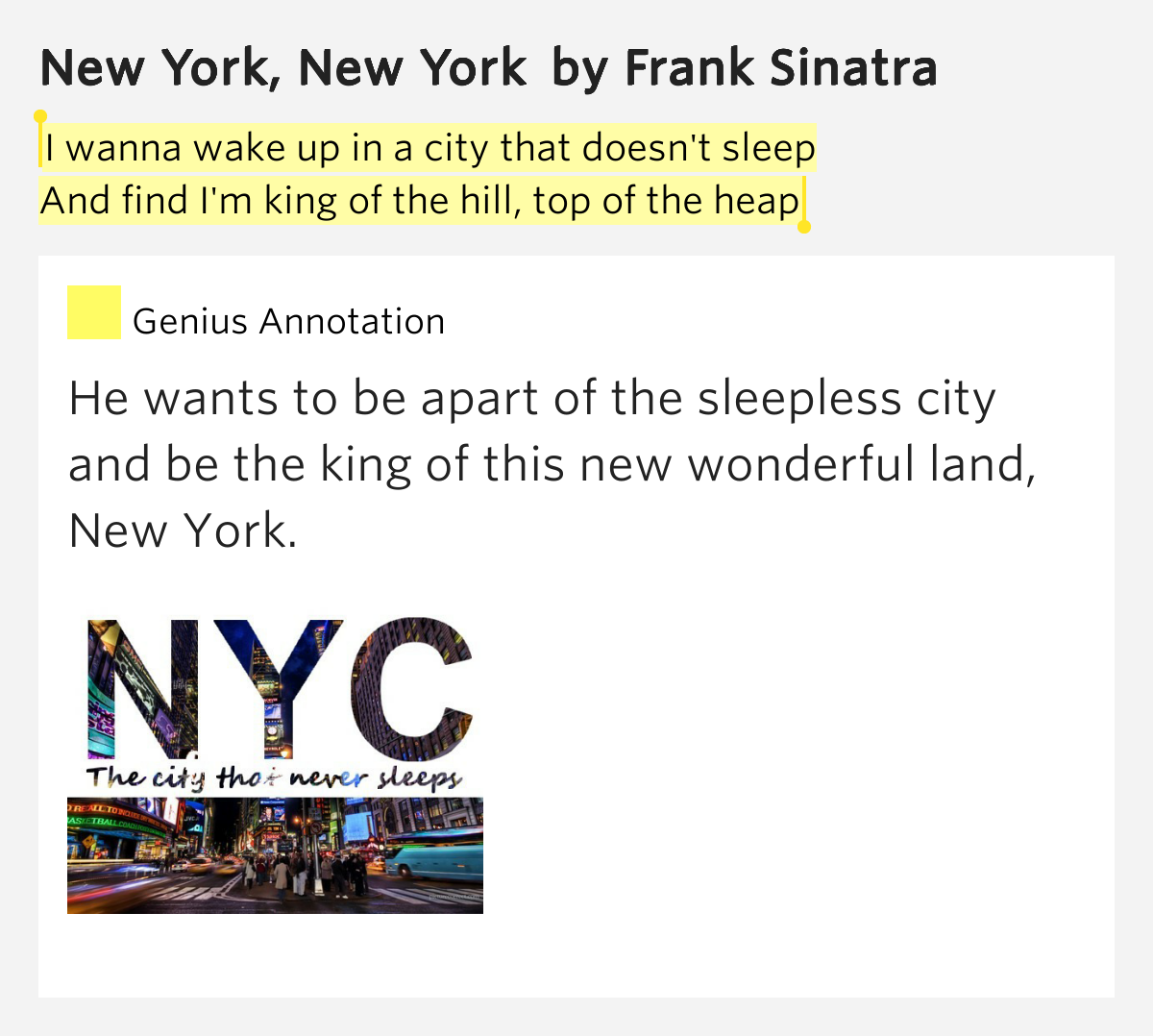 I wanna wake up in a city that doesn't sleep.. New York, New York