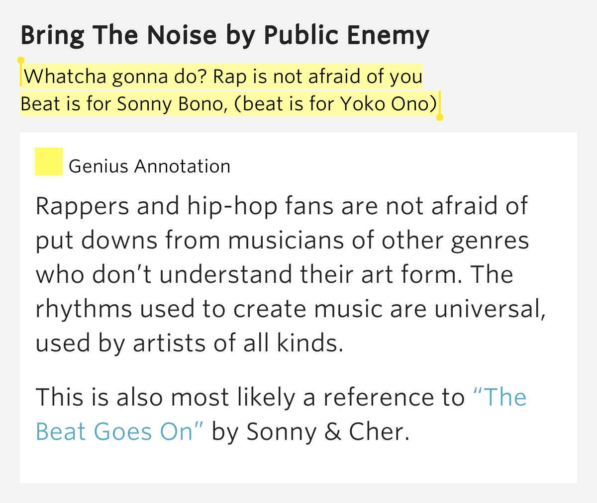 Whatcha gonna do? Rap is not afraid of you / Beat is for Sonny Bono, (beat is for Yoko Ono
