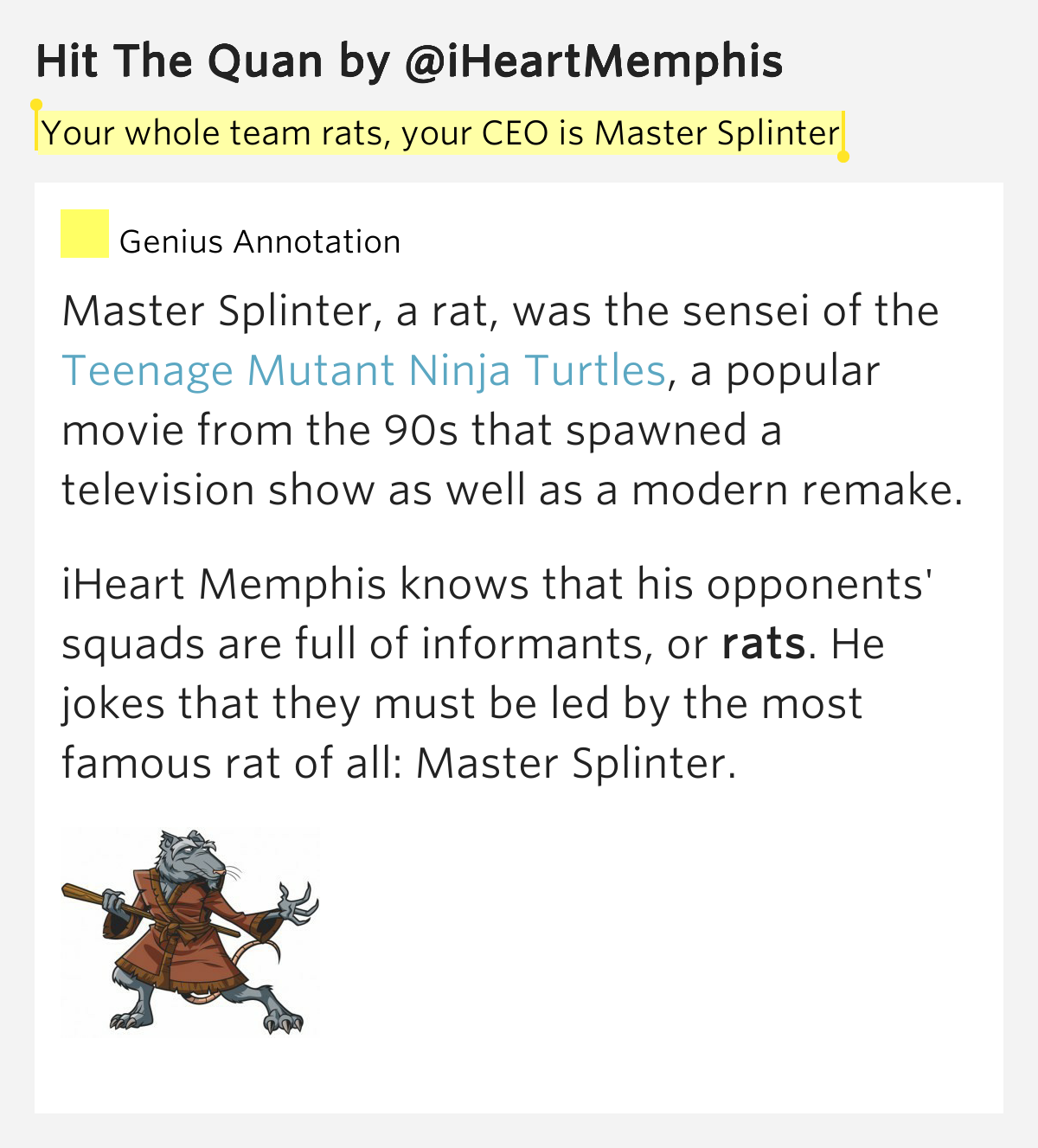 Your whole team rats, your CEO is Master Splinter Hit The Quan Lyrics