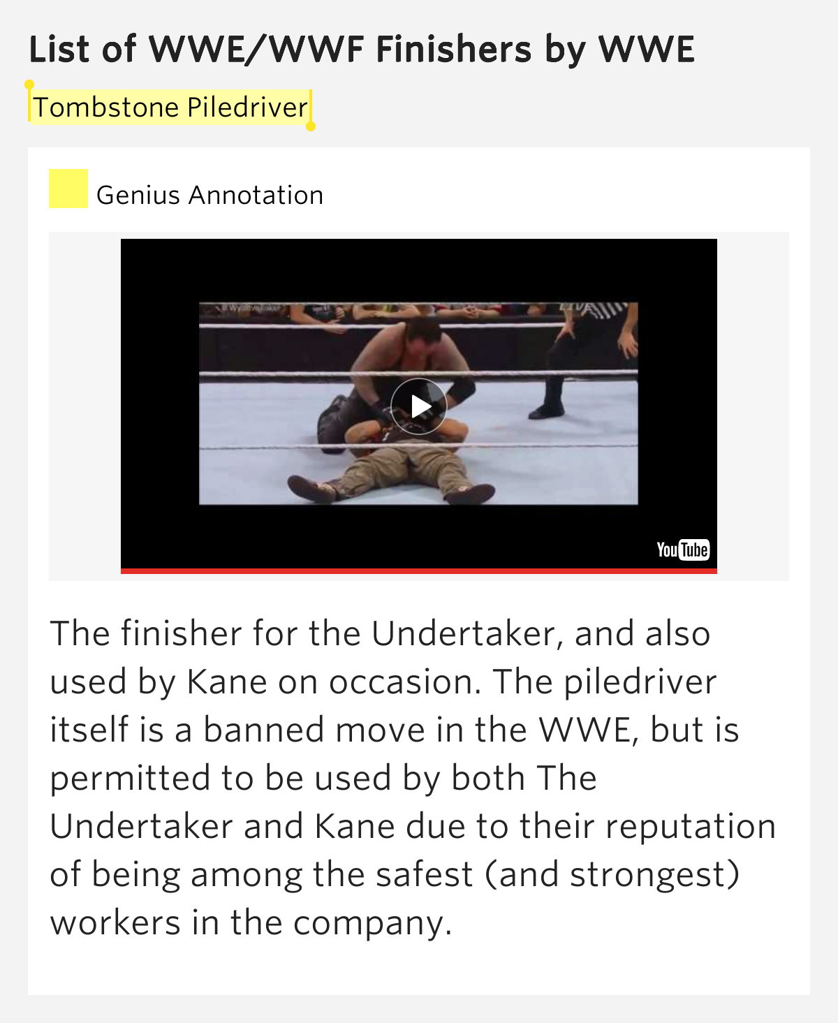 Tombstone Piledriver List of WWE/WWF Finishers by WWE