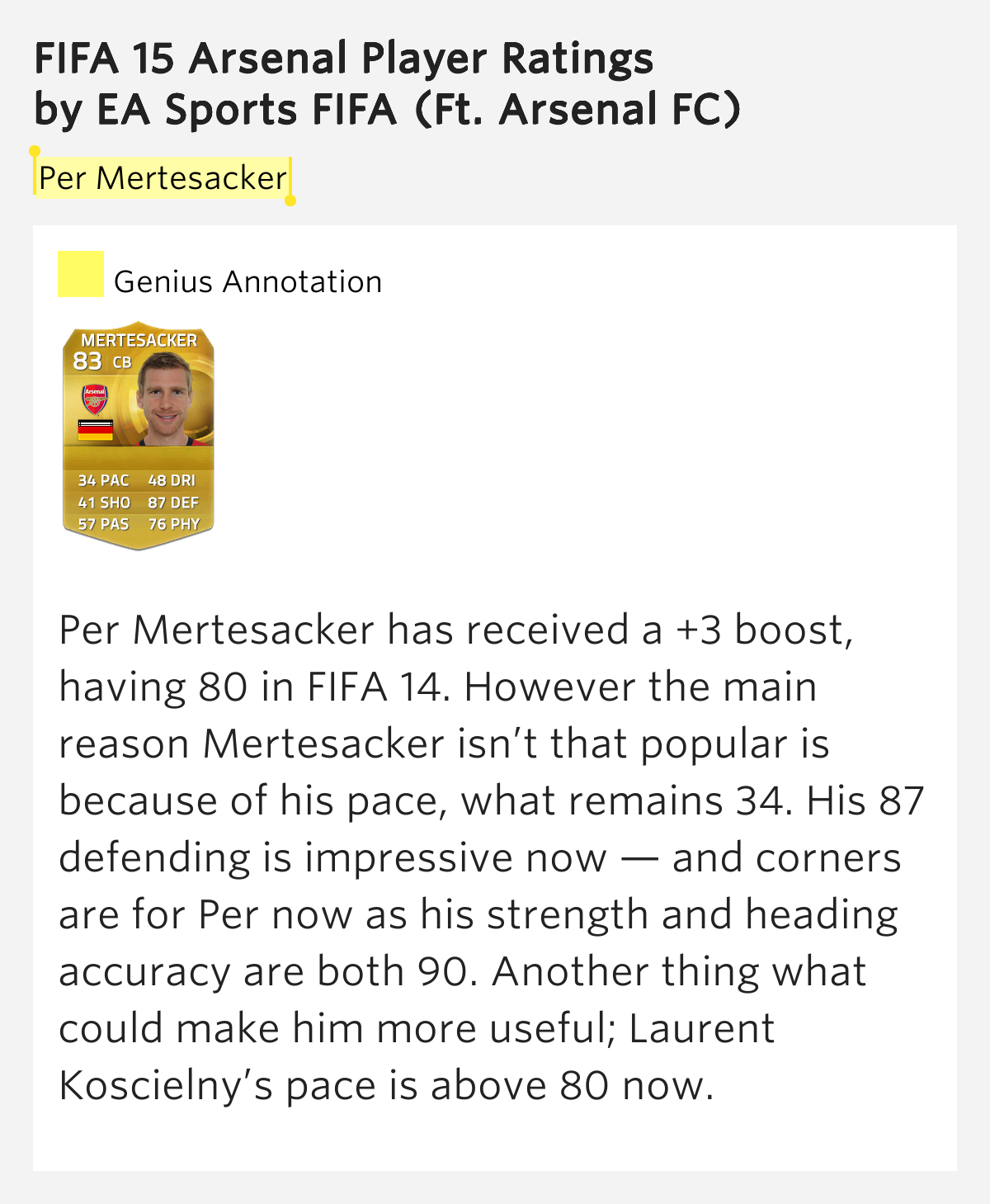 Per Mertesacker – FIFA 15 Arsenal Player Ratings by EA Sports FIFA