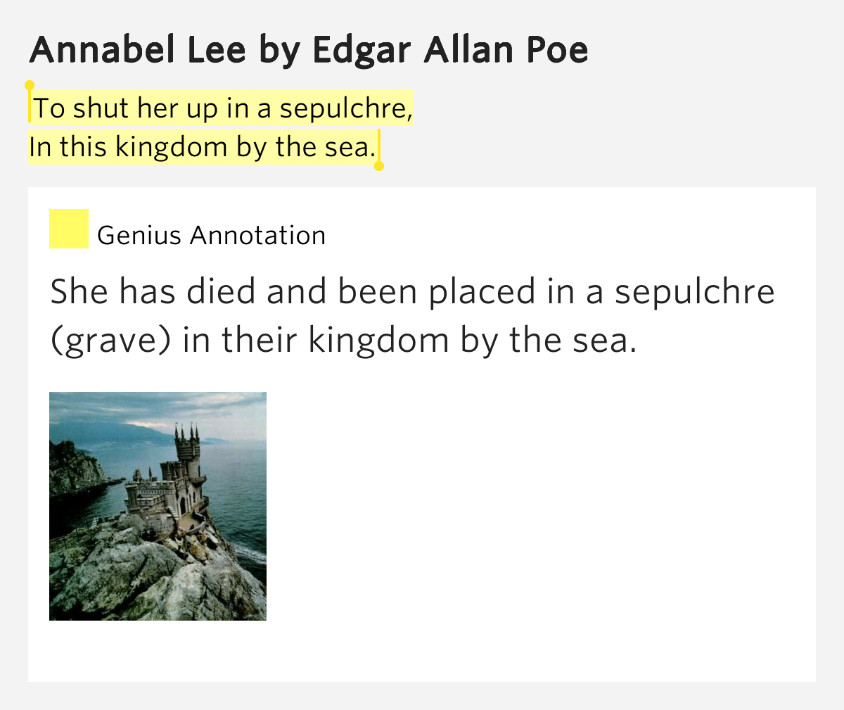 To shut her up in a sepulchre, / In this kingdom by.. Annabel Lee