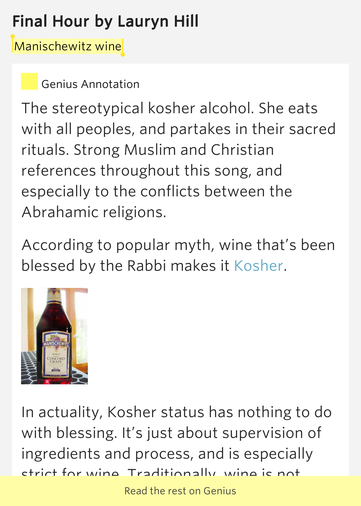 Manischewitz wine Final Hour by Lauryn Hill