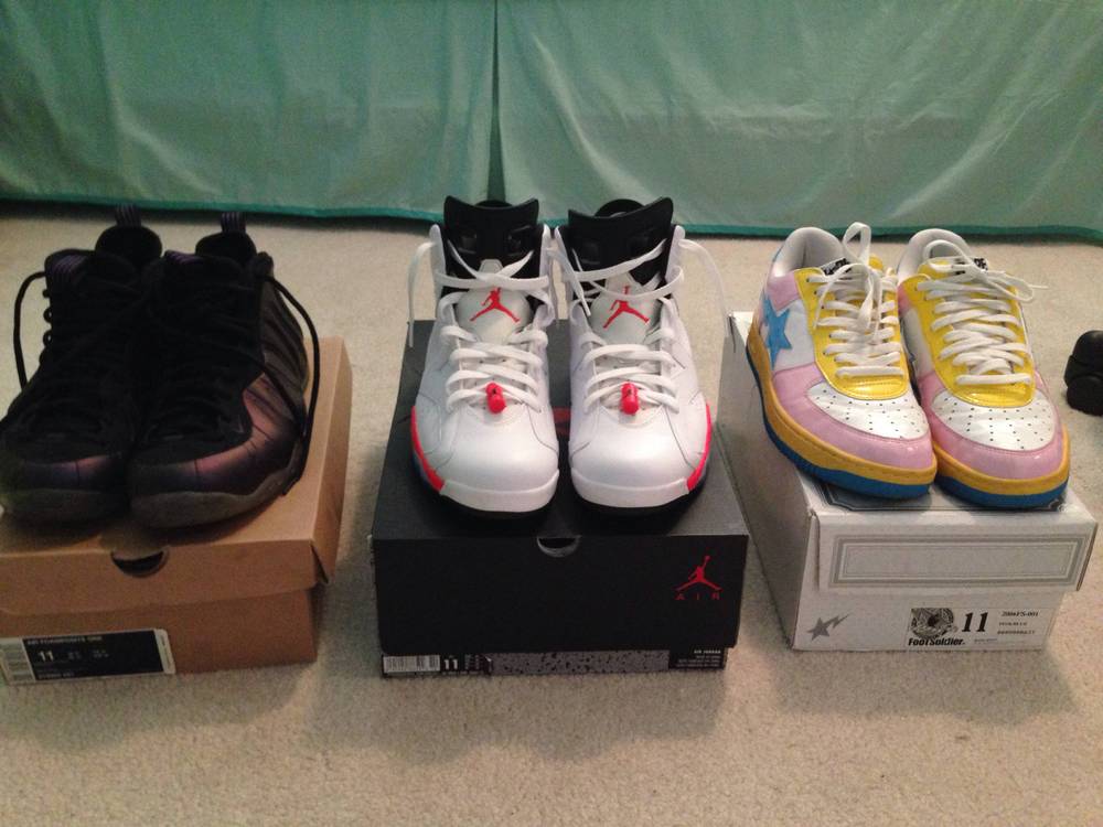 Selling eggplant foams, infared 6's and bapestas all size 11 Genius